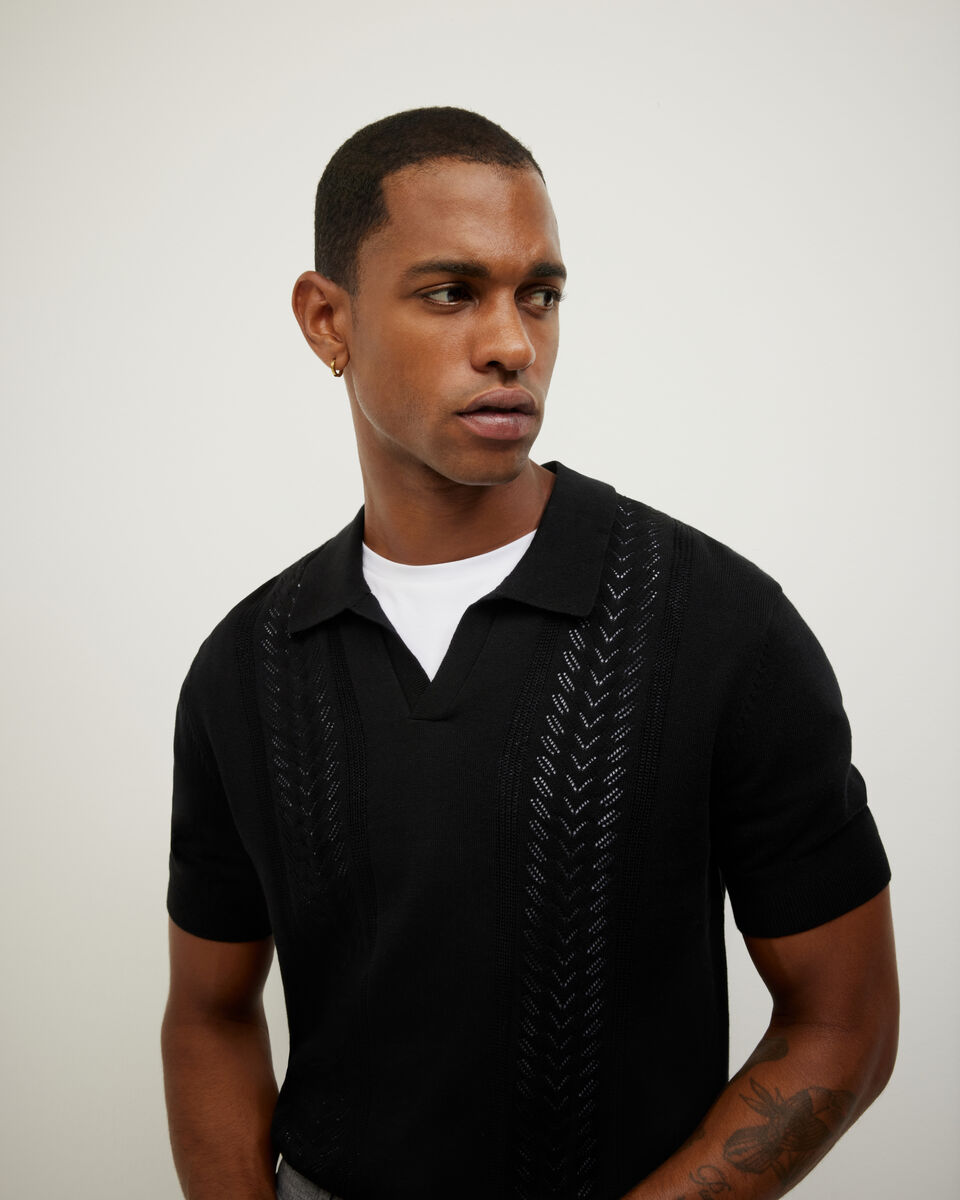 Pointelle Panelled Trophy Neck Knit, Black, hi-res